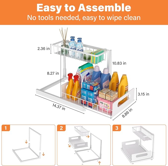 Under Sink Organizer 2 Tier, Pull Out Drawer Slides Under Sink Storage for Bathroom Kitchen,Multi-Purpose Drawer Under Cabinet Organizer for Cleaning Supplies (White, 1 Pack)