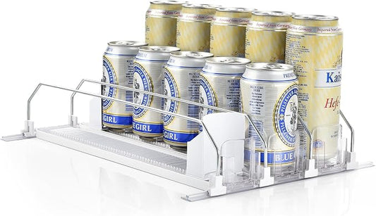 OTraki Fridge Drink Organizer 3 Rows Soda Clear Can Dispenser for Storage | Space-Saving Refrigerator Organizers with Pusher Glide and Adjustable Width, Automatic Can Holder for Hold up to 15 Cans