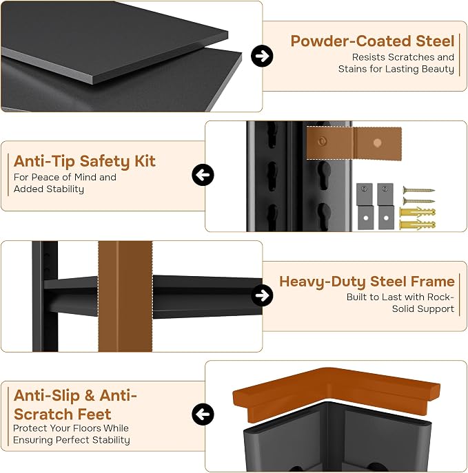 Large Capacity 5-Shelf Bookcase - Industrial Metal Bookshelf Tall & Adjustable, Ideal for Library/Office/Living Room, Black