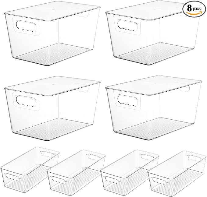 Vtopmart 8 Pack Clear Storage Bins with Lid Set for Pantry Organizer | 4 Large and 4 Small Plastic Pantry Storage Bins with Handle, Storage Containers for Pantry, Kitchen, Fridge, Cabinet