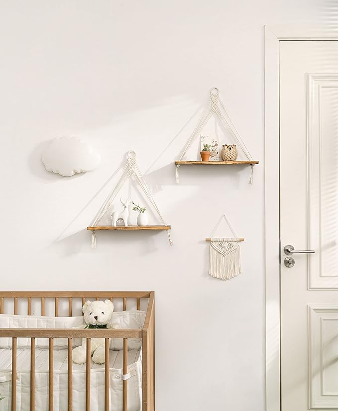 Mkono Macrame Hanging Shelves Boho Wall Decor Set of 2 Rustic Wood Floating Storage Shelf for Bedroom Bathroom Living Room Nursery Dorm Room, Display Shelving for Hanging Plants Photos