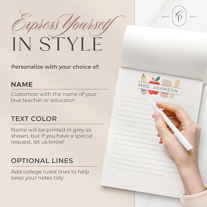Curio Press Personalized Stationery Notepads for Women and Men, 50 to 100 Sheets Custom Notepads Gift for Teacher Appreciation Custom Stationery Note Pads for Memo, To Do List - Teacher Life Pad