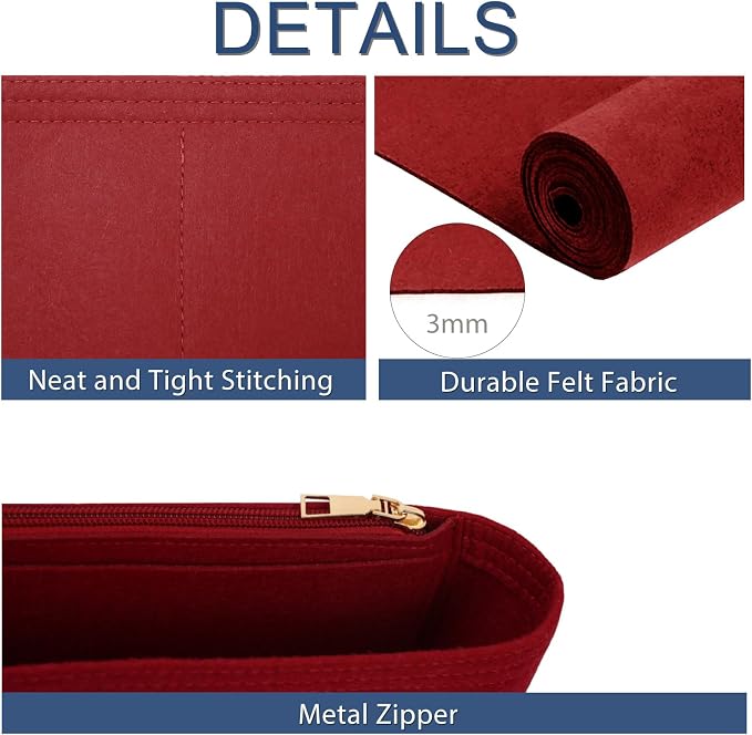 Surblue Purse Organizer Insert for Handbags, Felt Bag Organizer with Zippers Handbag Shaper Pouch for Classic 19 Flap Bag, Marmont, Onthego,（Burgundy, Slender L）