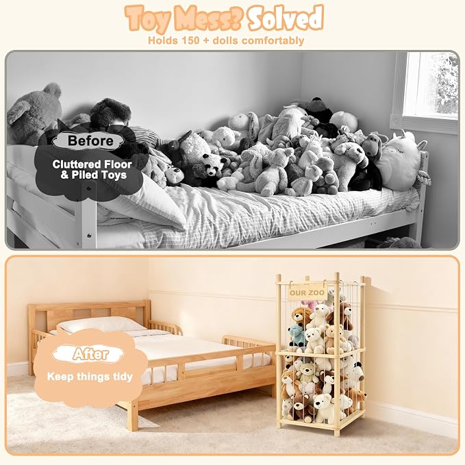 Stuffed Animal Storage, Wood Stuffed Animal Zoo Storage, Space Save Toy Organizer, Large Capacity Stuffed Animal Holder, Perfect for Nursery Playroom Kidroom Bedroom