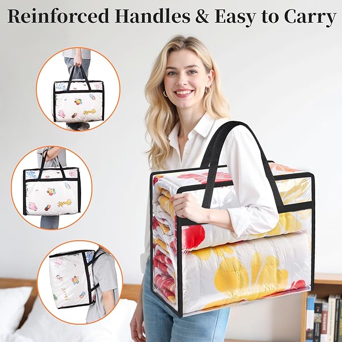 SpaceTrove Clear Clothes Storage Bags, 4 Pack Closet Organizers and Under Bed Storage Containers, Foldable Moving Bags with Zippers for Comforter, Blanket, Bedding, Duvet, PVC Packing Bags 60L