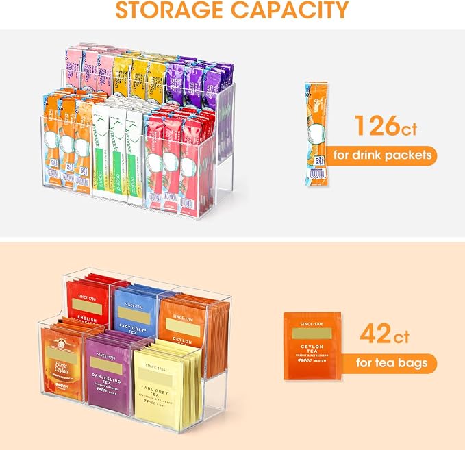 AIEVE Drink Packet Organizer, 2-Tier Water Flavor Packet Holder for Pantry Storage, Acrylic Drink Mix Organizer Hydration Powdered Mixes Holder Container for Cabinet Kitchen Storage