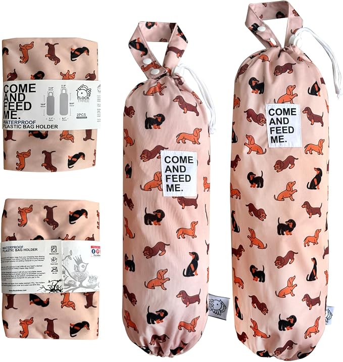 Waterproof Plastic Bag Holder Grocery Shopping Carrier Storage Kitchen Travel Camp Carrier Dispenser 2 Pack (Cute Dogs)