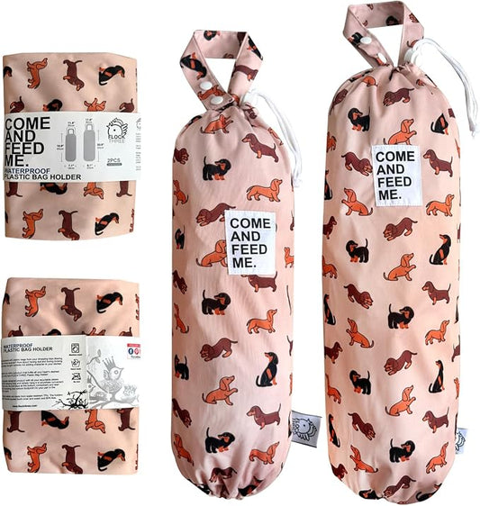 Waterproof Plastic Bag Holder Grocery Shopping Carrier Storage Kitchen Travel Camp Carrier Dispenser 2 Pack (Cute Dogs)