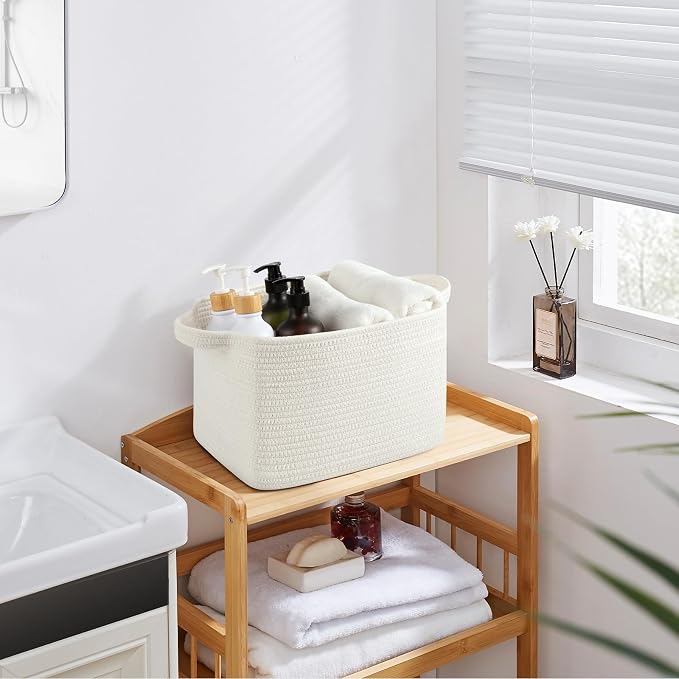 OIASKET Storage Baskets for Organizing, Woven Baskets for Shelves, Rectangle Decorative Organizer for Storage Clothes, Toy, Books, Towels Nursery Bins 3 Pack (White, 13"x9.85"x8.7")