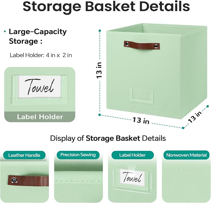 FinishingBo 6-Pack Storage Cubes with Handles & Label Holders Basket, Closet Cube Home Organizer Bins(Green, 13 x 13 x 13 inch)
