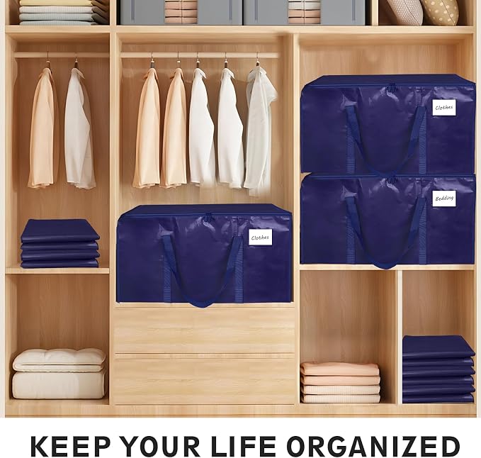 8 Pack-Extra Large Heavy Duty Moving Bags - Waterproof Storage Totes with Handles & Zippers, Foldable for College Dorm, Storage (Dark Blue)