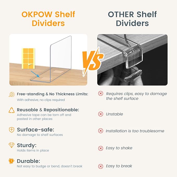 OKPOW Shelf Dividers for Closet Organization – Keep Sweaters & Purses Upright, Clear Acrylic Separators for Most Wood Shelves & Pantry, Damage-Free, Sturdy & Tall (10" x 12", 8 Pack)