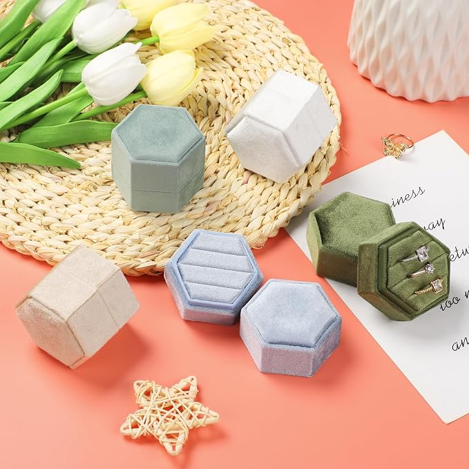 WantGor Velvet Jewelry Ring Box, 3 Slots Hexagon Ring Gift Box Ring Holder | Vintage Ring Display Case for Wedding Ceremony Proposal Engagement (Olive Green)