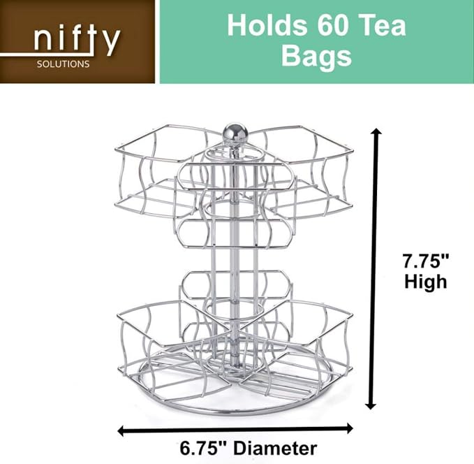 Nifty Tea Bag Spinning Carousel – 6 Compartments, Up to 60 Tea Bags Storage, Spins 360-Degrees, Lazy Susan Platform, Modern Chrome Design, Home or Office Kitchen Counter Organizer