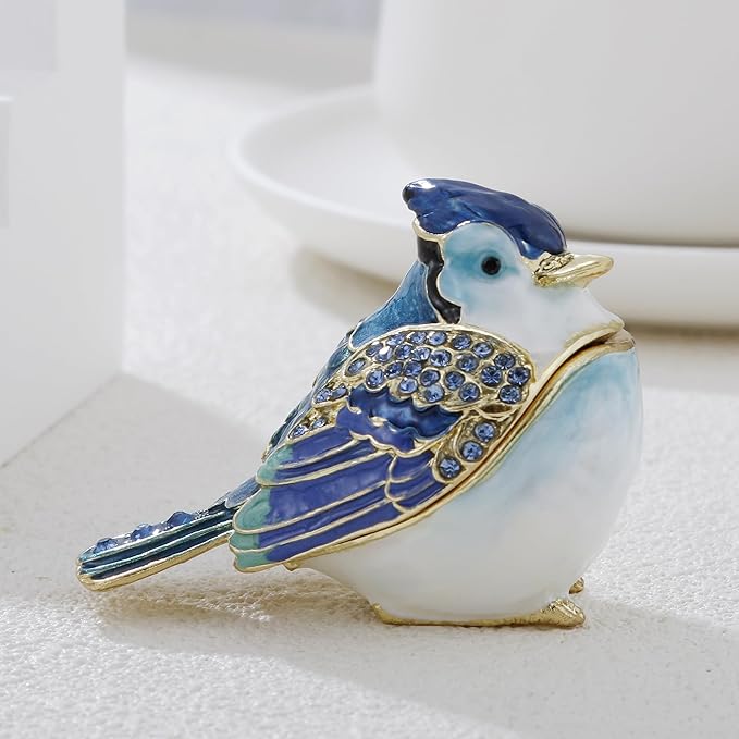 Hand Painted Enamel Blue Jay Trinket Box for Home Decor, Hinged Jewelry Organizer for Ring Earrings, Unique Figurine Keepsake Collectible Personalized Elegant Handmade Ornament Gifts (Blue Jay)