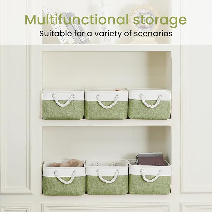 Storage Baskets for Shelves 13.8x9.8x6.7 Inch, Foldable Fabric Storage Bins with Handles, Small Storage Baskets for Organizing Closet, Office, Home Organization (1-Pack, White&Green)