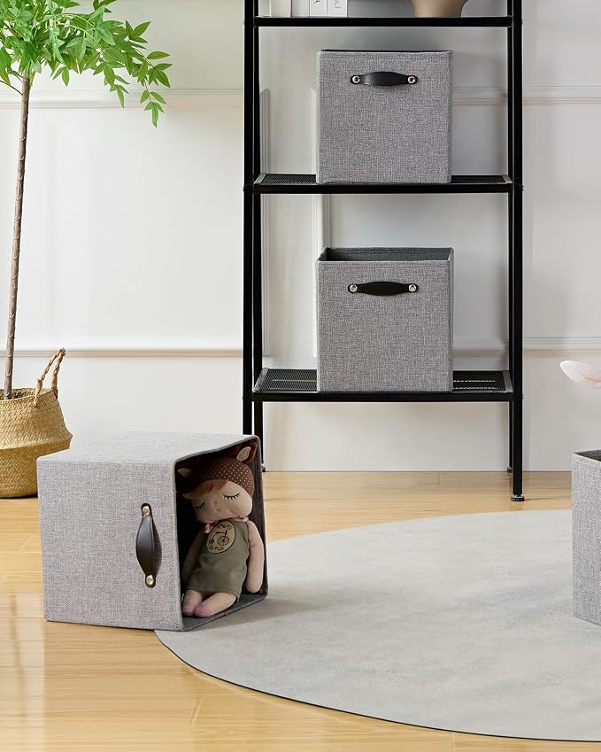 Cube Storage Bins | 13"x15"x13", Dim Gray, 4 Pack | Multi-Size | 2X Thick Support Board | Vegan Leather Handles | 7.7 oz/yd² Fabric | Drawer Insert Basket Fits KALLAX
