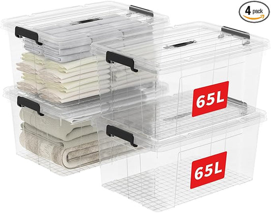 Cetomo Lidded Storage Bin with Handle, Tote Organizing Container with Wheels, Lid and Secure Latching Buckles, Stackable and Nestable, Plastic, 72 Quart-4 Pack, Clear