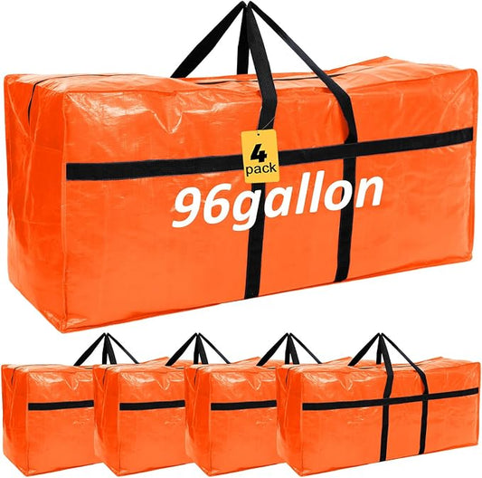 4 Pcs 96 Gallon Extra Large Moving Bags Heavy Duty Storage Bag with Strong Zipper Handle Foldable XXL Jumbo Storage Tote Packing Moving Box for College Dorm Travel Cloth Duffle (Orange)