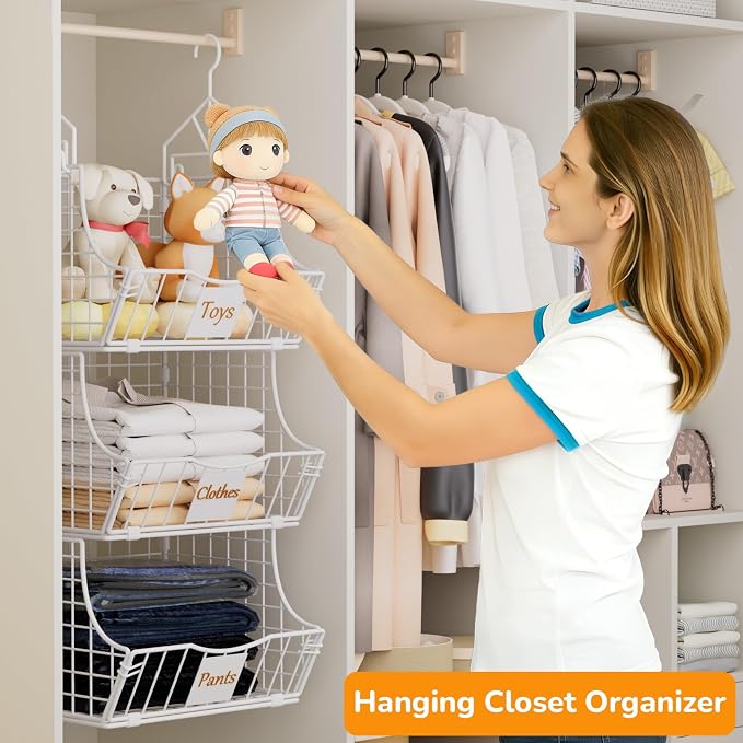 Hanging Closet Organizers and Storage, 3 Tier Closet Shelf Clothes Organizer with 2 S-Hooks, Multi-Functional Iron Wire Baskets, for Clothing, Sweaters, Handbags, Hat, Canned