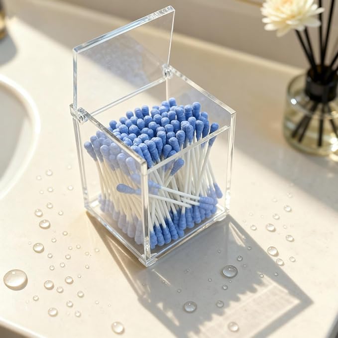 Clear Acrylic Qtip Holder with Lid, Cotton Balls Swab Organizer, 2.95" x 2.56" x 3.94" Dispenser for Makeup Pad, Floss Picks, Bath Salts, Cosmetic Storage Case, Home Bathroom Decor (DP058)