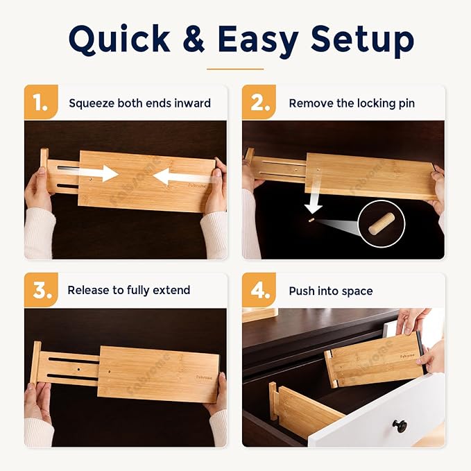 Fabsome Drawer Divider 6 Pack, Bamboo Dresser Organizers for Clothes Socks Underwear Baby Clothing, Wooden Separators for Nursery Organization Adjustable from 12.5'' to 17'' with Soft Foam Ends