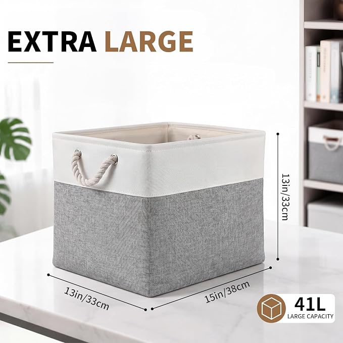 13×15×13 Inch Storage Cubes,6 Pack Cube Storage Bins for Shelves,Fabric Collapsible Storage Bins with Handles, Foldable Storage Basket for Organizing Clothes,Books (White&Gray,13"x15"x13")