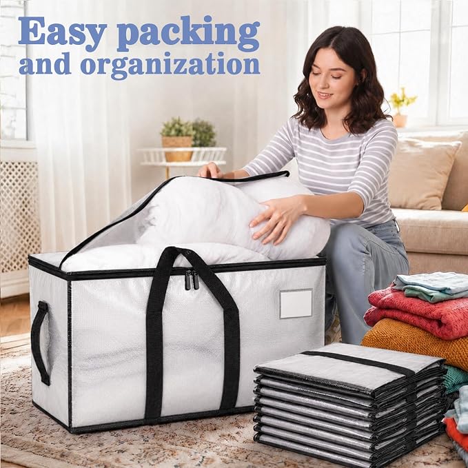 Songrey Heavy Duty Moving Bags, 12 Pack Large Storage Bags with Zipper & Handles, Waterproof Totes Bags for Clothes Packing, Moving, College Supplies, Home Organization