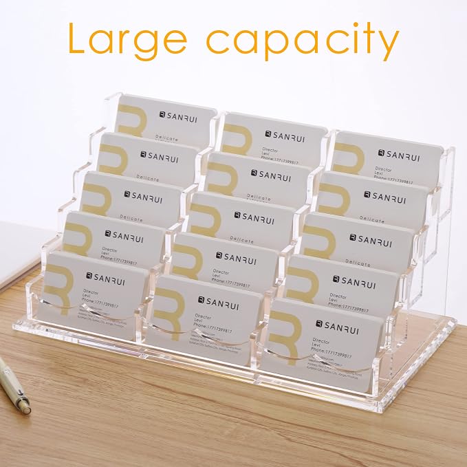 SANRUI Acrylic Multiple Business Card Holder Display for Desk, 15 Slots Business Card Stand, Clear Horizontal 5 Tier Business Card Holders, Holds 750-900 Cards