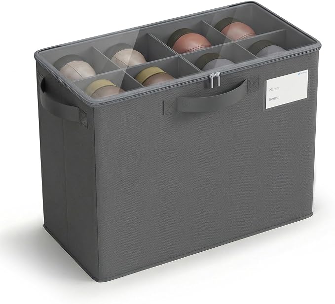 Varhomax Shoe Organizer Box for Closet, Small Fabric Shoe Storage Bin with Adjustable Dividers & Clear Cover, Saving Space Sneakers & Sandals Containers for Entryway, Cubby - Gray