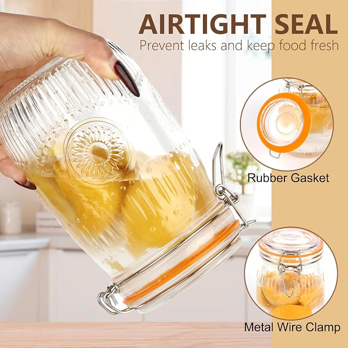 32oz Mason Jars with Airtight Lids, 6 Pack Wide Mouth Canning Jars with Clamp Lid, Quart Glass Canisters for Kitchen Storage, Pickling, Coffee, Cereal, Sugar, Flour, Beans