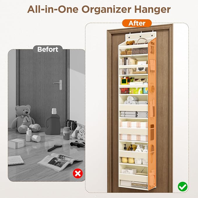 Mefirt Over The Door Organizer, 7 Tier Door Hanging Organizers with 7 Large Pockets 14 Side Pockets, Behind Door Storage Hanging Shelves for Closet Bathroom Bedroom Nursery