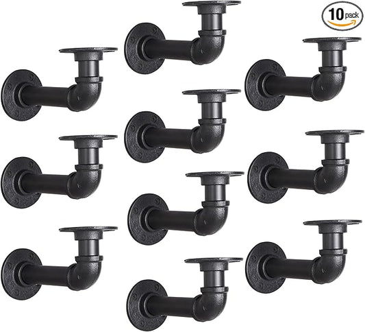 Industrial L Pipe Shelf Brackets for 6-12 In Depth Wood,Heavy-Duty 3/4" Iron,Wall Mount Floating Shelf Bracket L Metal Pipe Shelving Brackets for Wood-Black DIY Pipe Shelves(5.5*3.1 Inch 10 Pack)