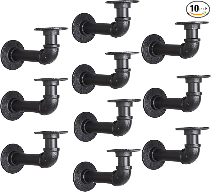 Industrial L Pipe Shelf Brackets for 7-14 In Depth Wood,Heavy-Duty 3/4" Iron,Wall Mount Floating Shelf Bracket L Metal Pipe Shelving Brackets for Wood-Black DIY Pipe Shelves(6.7*3.1 Inch 10 Pack)