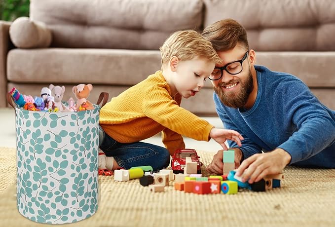 Laundry Baskets,Canvas Fabric Laundry Hamper,Collapsible Toy Storage Organizer Bins,Gift Basket for Bedroom, Clothes, Nursery,Kids,Boys (Eucalyptus leaves)
