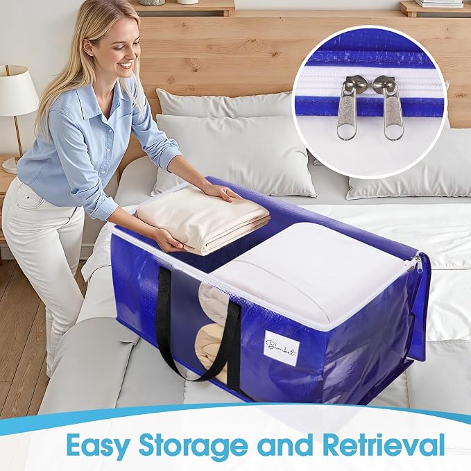 BlissTotes 6 Pack Moving Bags with Clear Window, Storage Bags with Strong Carrying Handles & Zippers,Large Packing Bags for Saving Space, Alternative to Moving Boxes(Blue,24 Gallon)