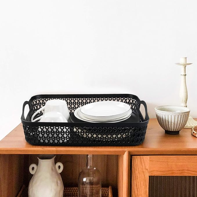 Large Plastic Storage Basket Tray with Handle, Black, Pack of 6
