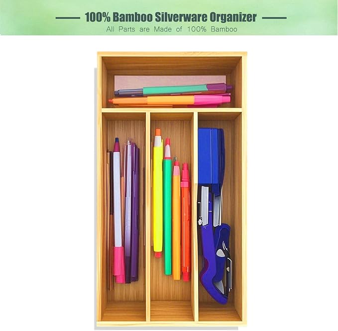 guiogc Bamboo Kitchen Drawer Silverware Organizer, 7 Inch Silverware Utensils Tray Holder for Small Drawer, Wood Caddy for Flatware Cutlery Knives 4-Slots