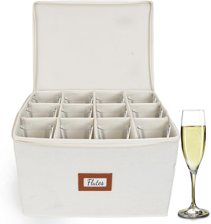 HOMELUX THEORY Champagne Flute Storage Box, Ivory Hard Shell China Storage Containers, Kitchen Storage Bins With Lids, Heavy Duty Moving Box for Glasses & Stemware, Glassware & Wine Glass