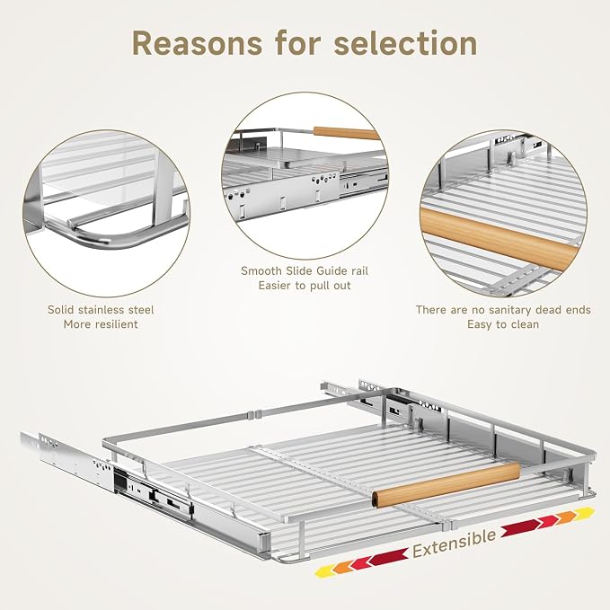 1 Pack Expandable Pull Out Cabinet Organizer，Side Mounting 16.3~26.3"x17.3"Cabinet Pull Out Shelves, Expandable Slide Out Spice Rack for Kitchen Bathroom Office