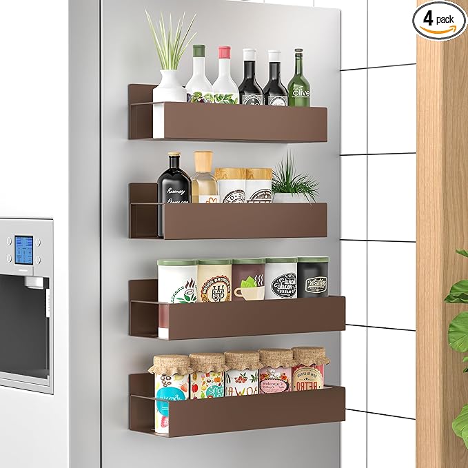 HuggieGems 4 Pack Magnetic Spice Storage Rack Organizer for Refrigerator and Oven, Bronze Fridge Organizers and Storage