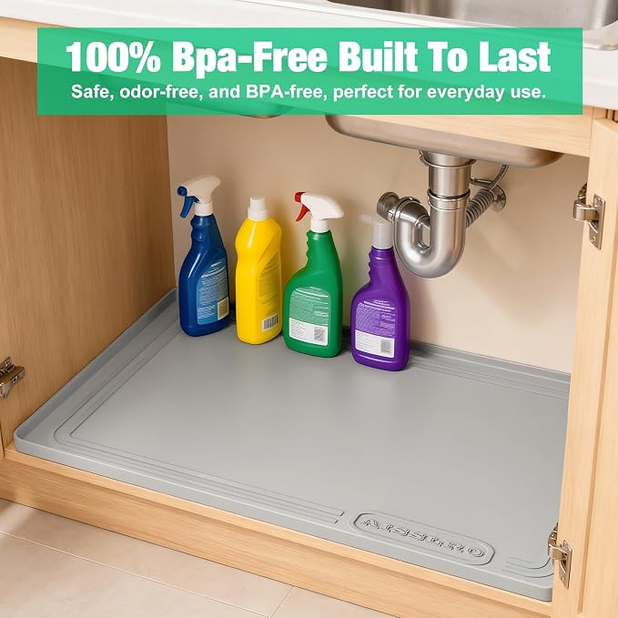 Aisslro Under Sink Mat 25" X 19", Waterproof Silicone Under Sink Mats for Kitchen, Anti-Leak Shelf Liner & Cabinet Protector with Raised Edge, [BPA Free] Bathroom Tray Home Organizer, Gray