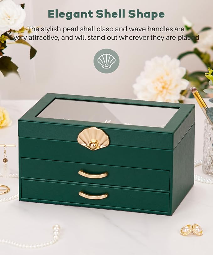 Enthralite Jewelry Box with 2 Drawers : Jewelry Display Organizer for Earrings Necklaces - Gift for Girls Women | Forest Green