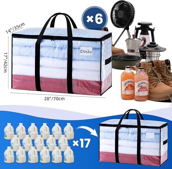 TAILI Extra Large Moving Bags, 6 Pack Clear Heavy Duty Totes For Storage with Visible Window, Wrap Around Handles, Storage Bags for Space Saving, Alternative to Moving Boxes