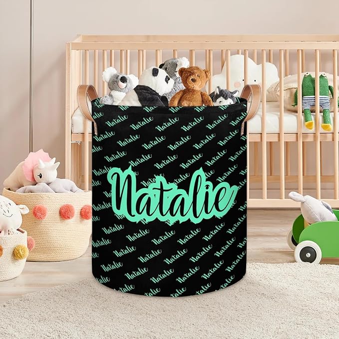 Personalized Laundry Basket, Custom Gift Laundry Hamper, Collapsible Nursery Waterproof Laundry Baskets, Dirty Clothes Toy Hamper with Handles Name Black Green