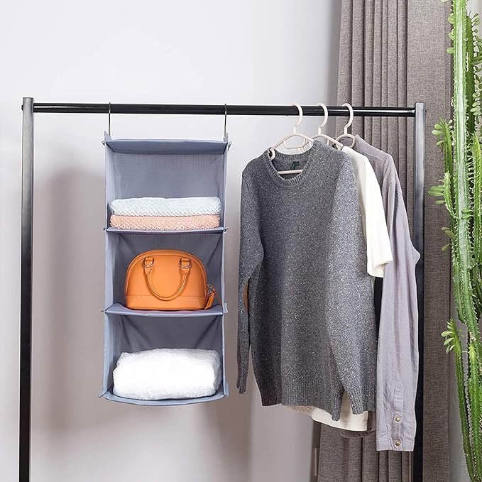 Hanging Closet Organizer 3-Shelf, Oxford Fabric Wardrobe Storage, Gray | Easy-mount foldable design holds clothes, handbags, shoes & accessories; washable Oxford fabric, sturdy and space-saving.