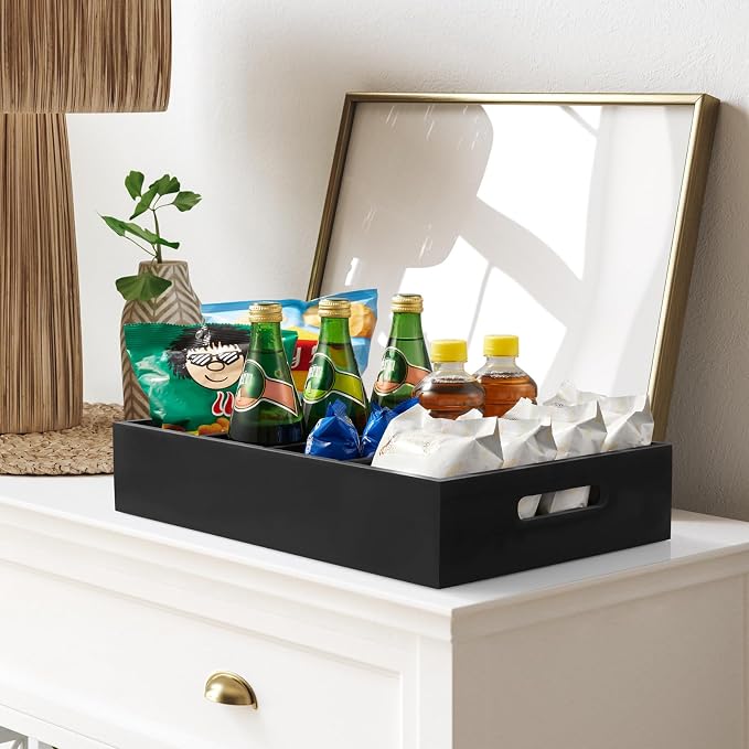 DRASTAR Pantry Organization and Storage Bins, Large Snack Organizer with Removable Dividers, Wooden Storage Caddy for Kitchen, Pantry, Cabinet, Countertop, Black