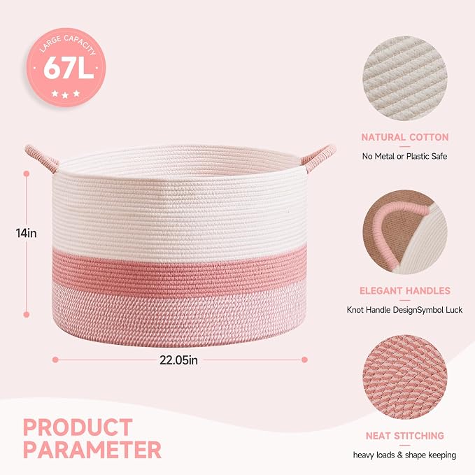 CLHMILY&Z Large Cute Pink Basket - 20x13 Inches - Blanket Hamper for Living Room, Round Storage Bin, XLarge Laundry Organizer for Clothes, for Tree Plant, Mix Brown