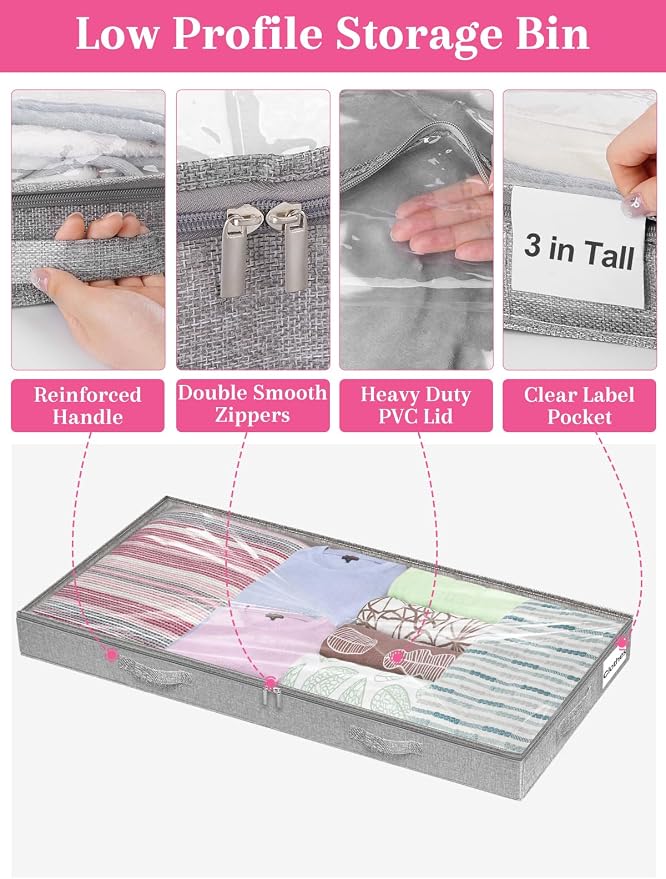 3-Inch High Under Bed Storage Containers, Low Profile Underbed Bins, NO RIGID STRUCTURE, Foldable Clothes Storage Organizer w/Lid & Zipper, Shallow Storage for Low Beds, Couches & Cribs, 2-Pack, Gray