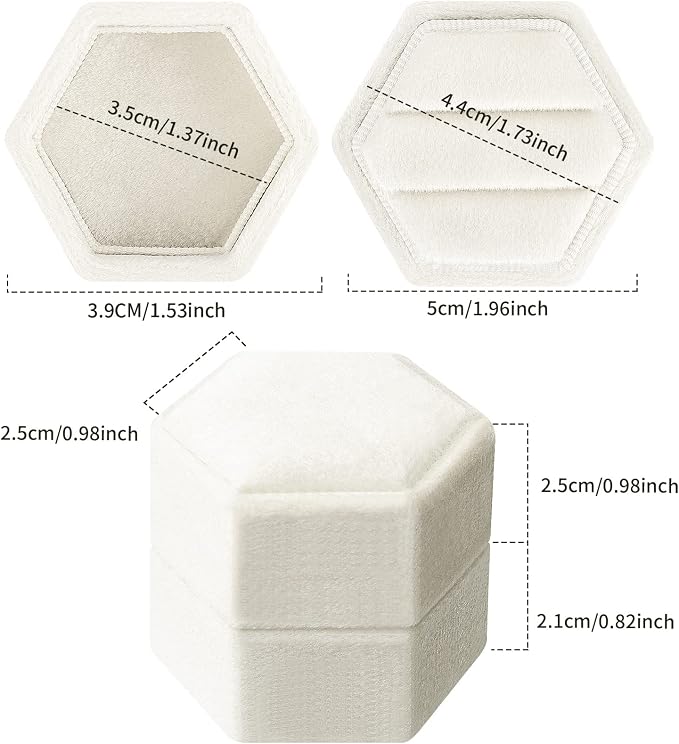 DesignSter Hexagon Velvet Ring Box - Premium Gorgeous Vintage Double Ring Display Holder with Detachable Lid for Proposal, Engagement, Wedding, Ceremony (Beige)